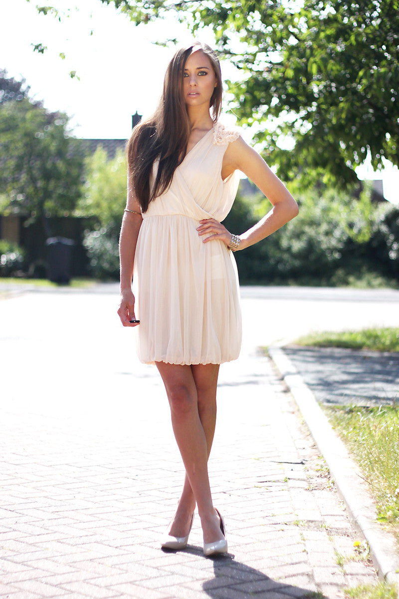 V-Neck Skater Dress with Flower Shoulder Thumbnail