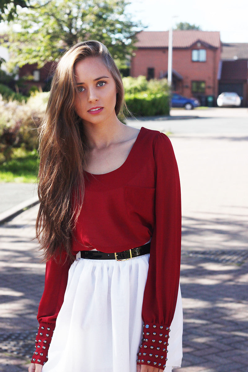 Red Studded Cuff Long Sleeved Top